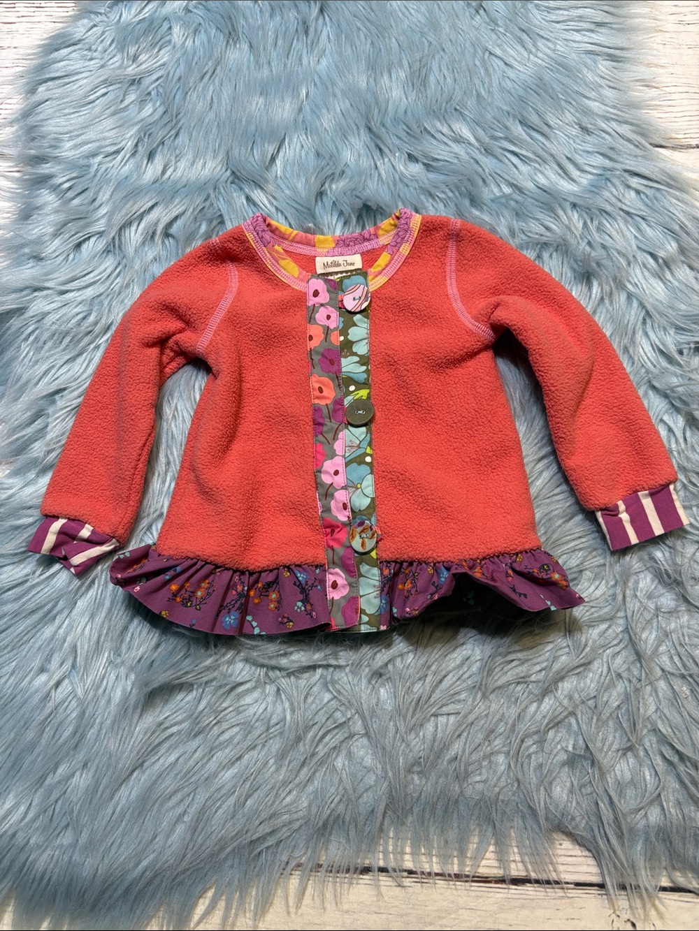 Matilda Jane Coral Fleece Jacket with Purple Floral Ruffle Trim Sz 12M